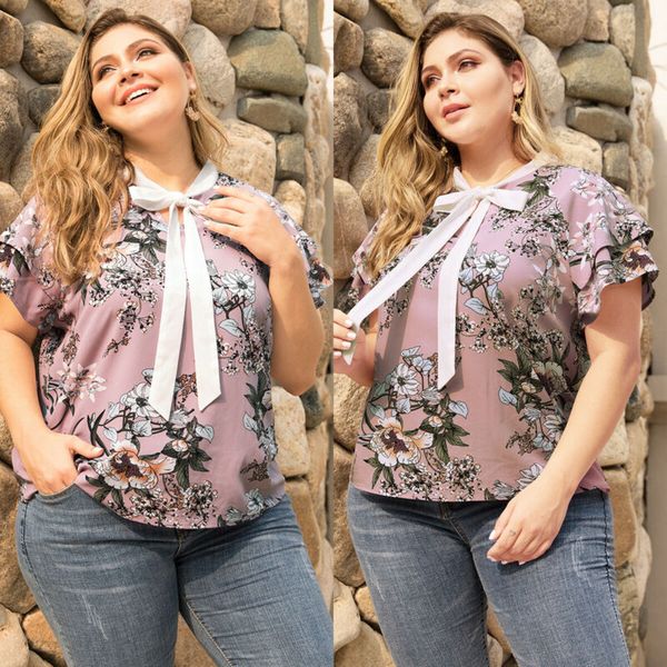 

Womens Short Sleeve Bowknot Floral T-shirt Summer Casual Tops Blouse Plus Size