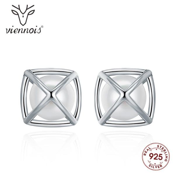 

viennois stud earrings for women 925 silver pearl round geometric crystal earrings lady party jewelry 2020, Golden;silver
