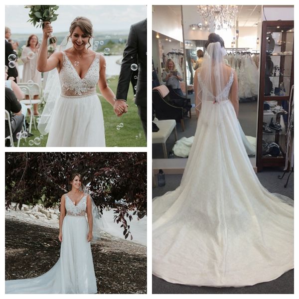 

elegant white lace wedding dresses a-line v-neck bride dress appliques beaded sash bodice vestido de noiva with plunging back