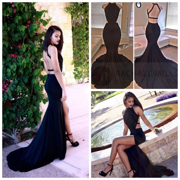 

2019 black halter satin mermaid long prom dresses lace sequins beaded backless side slit evening dresses formal party dresses