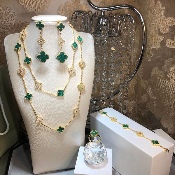 

brand 925 sterling silver wedding jewelry set for women gold color necklace green clover leaf necklace earrings bracelet set, Black