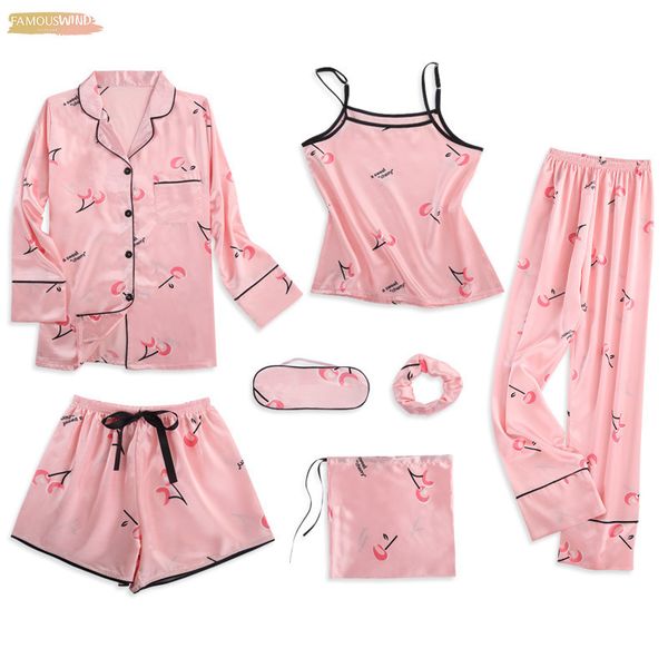 

strap pyjamas womens 7 pieces sets pajamas pink satin silk lingerie homewear sleepwear pyjamas set pijamas for woman, Black;red