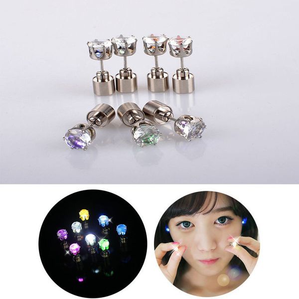 

1 pair light up led earrings flashing studs stainless steel blinking studs dance party accessories for girls, Golden;silver