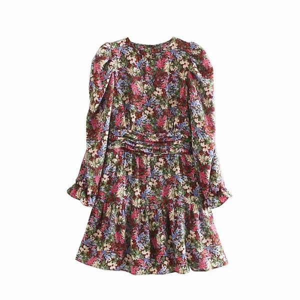 

2019 women sweet floral print hem ruffles mini dress female o neck puff sleeve pleats vestidos chic casual slim dresses, Black;gray