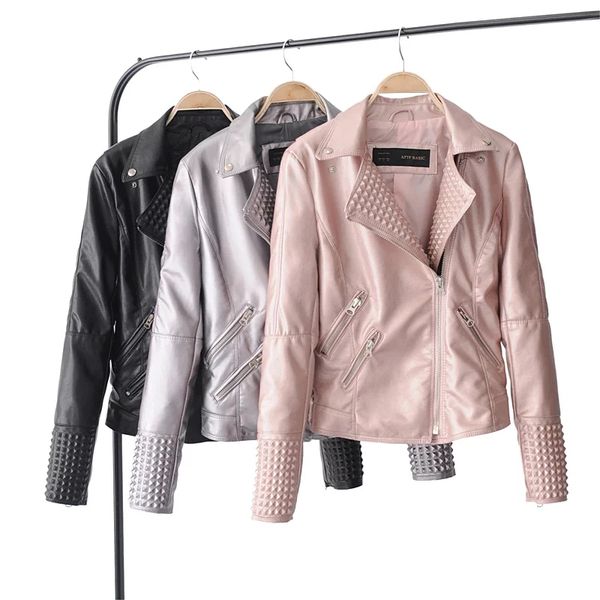 

nice new faux leather jacket women stud/rivet moto biker zip coats chaqueta blazer pu jack jaqueta couro rock cuir femme casaco, Black