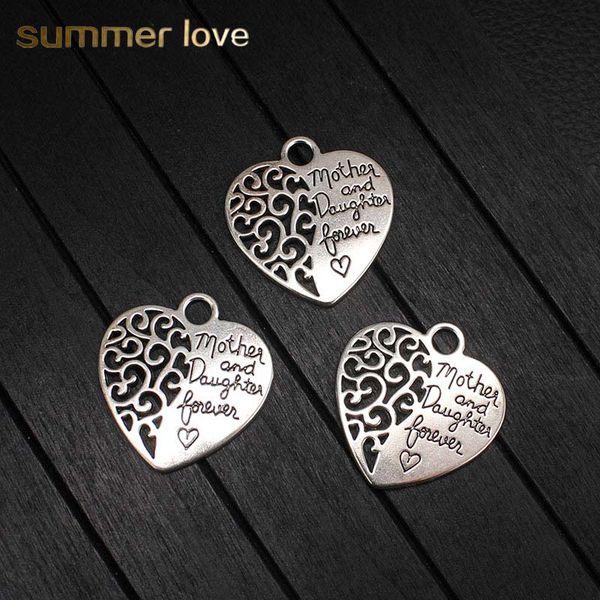

hollow 20pcs lot mother daughter charm letter heart charm pendant for diy jewelry making new, Bronze;silver