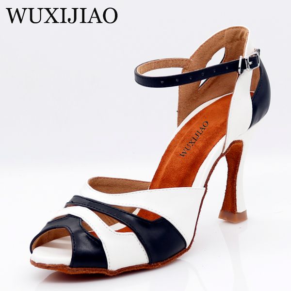 

wuxijiao women's latin dance shoes with black and white pu fish mouth style high heels salsa shoes comfortable soft heel 9cm