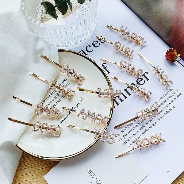 

1 pcs simulated pearl hairpins girl letters clip bangs unique wedding bridal bobby pin barrettes hair pins word hair accessory, Golden;white