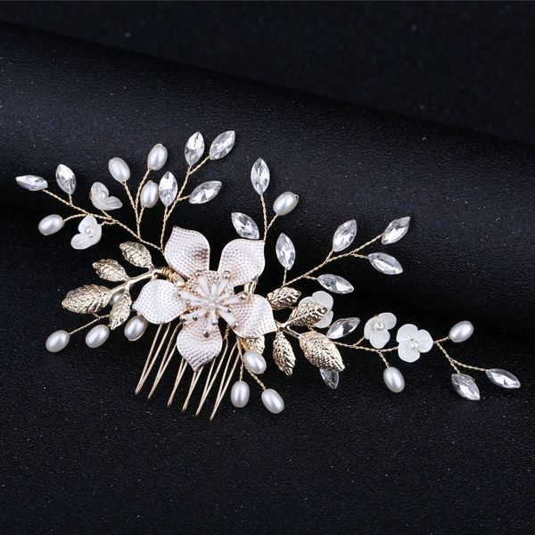 

kmvexo rose gold flowers leaf brides combs hairpins wedding dress crystal pearl bead hair comb 2019 new pattern marry ornaments, Golden;white
