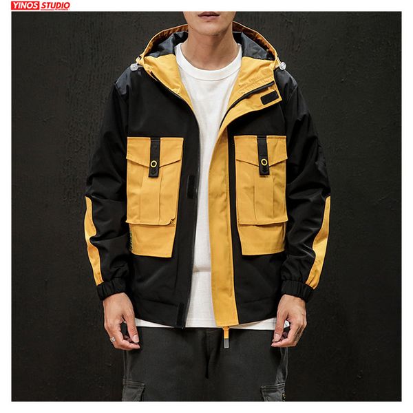 

dropshipping men japanese streetwear cargo patchwork jacket 2019 loose outdoor solid overalls coats autumn slim fit pocket, Black;brown