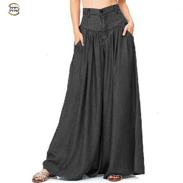 

women summer causal pants high waist pantalon zipper up wide leg pants blue denim loose long trousers s-5xl, Black;white