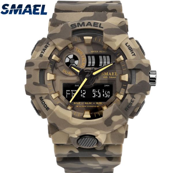 

smael camouflage men's watches sport digital watches led quartz clock men wristwatch 8001 waterproof army rubber watch, Slivery;brown