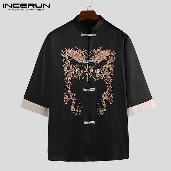 

chinese style printed men shirt vintage tang suit 2020 stand collar button half sleeve shirts elegant streetwear camisa incerun, White;black