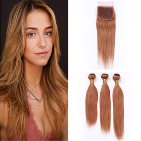 2019 30 Medium Auburn Human Hair Bundles And Closure Peruvian