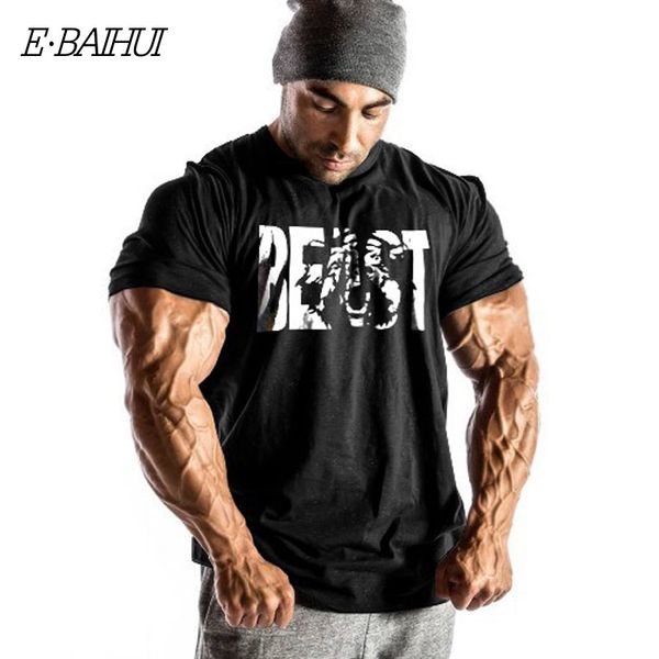 

e-baihui brand summer t shirt muscle male gyms t shirts o-neck streetwear cotton slim short sleeve workout clothes ts022, White;black