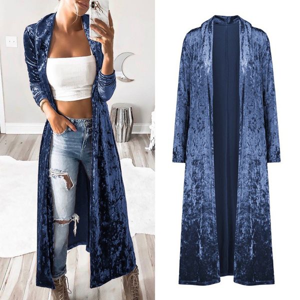 

autumn women open front long sleeve velvet coat fashion lapel neck slim windbreaker party maxi long jacket cardigan, Tan;black