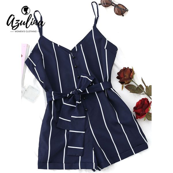 

azulina 2019 striped belted cami romper women jumpsuit casual spaghetti strap buttons playsuit outfits beachwear summer overalls, Black;white