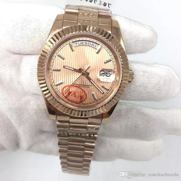 

new mens watch 40mm day-date 18k champagne rose gold president sapphire cystal stripe dial mens watches automatic mechanical male wristwatch, Slivery;brown