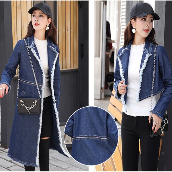 

women zipper detachable denim long jacket trench tassel burr clothes coats wild korean windbreaker female jean jacket streetwear, Tan;black