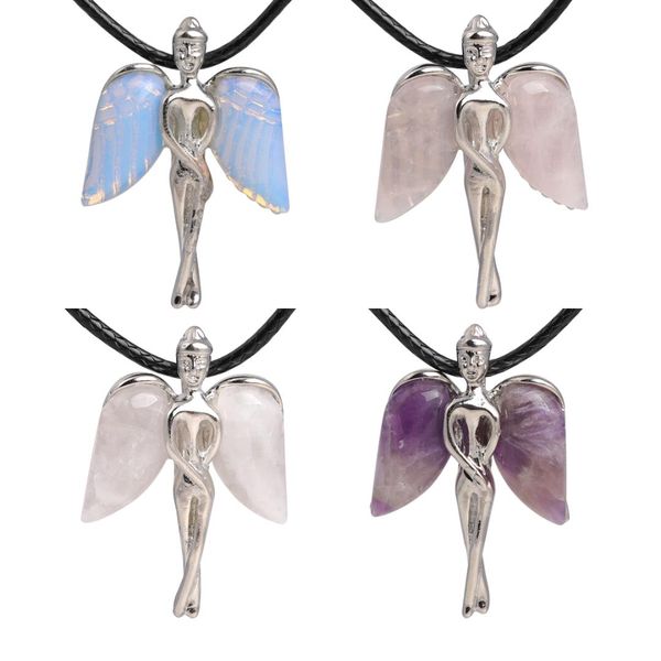 

gem-inside jewelry pendant necklace women zinc alloy angel fairy natural quartz wing leather chains adjustable trendy, Silver