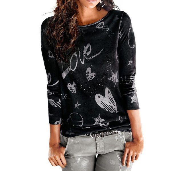 

women heart print round neck long sleeve t-shirt women casual spring autumn t shirt black cute lady tees, White