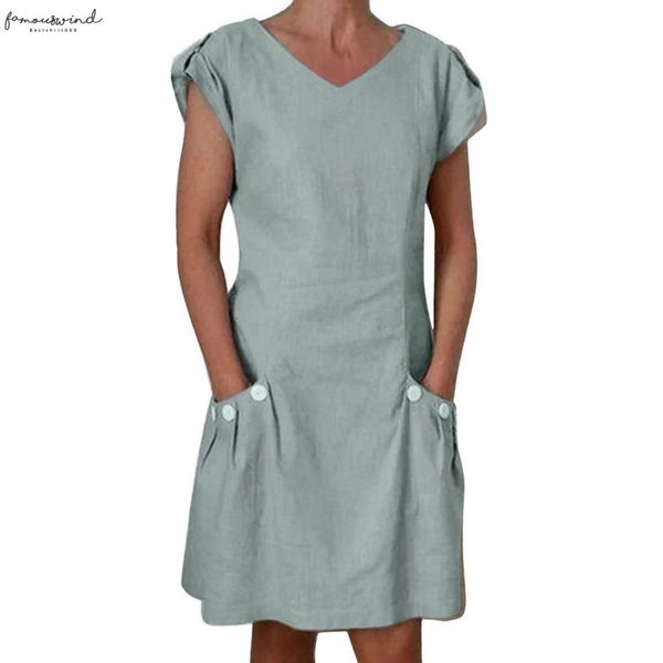 

2020 women casual dress solid ruffled pockets v neck shift cotton button pocket buttoned decor dresses women dress, Black;gray