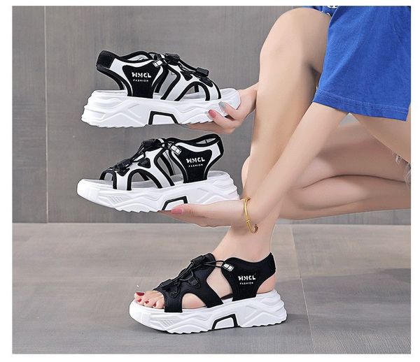 

sandals female 2020 summer new net red slope with thick bottom elastic band casual sports dad sandals female tide, Black