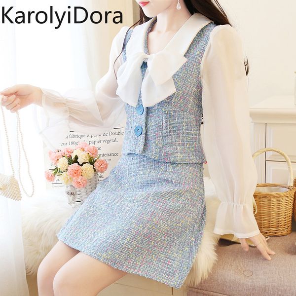 

высокое качество женщины элегантный повседневный костюм из двух частей двухслойный кукольный воротник твид лук топ + юбка осень шикарный сла, White