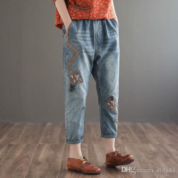 

2020 spring embroidered jeans woman new style vintage denim harem pants retro literature elastic waist pocket trousers casual, Blue