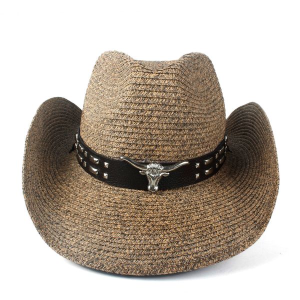 

2019 summwe straw women men western cowboy hat lady dad beach sombrero hombre straw panama cowgirl jazz sun cap size 56-58cm, Blue;gray