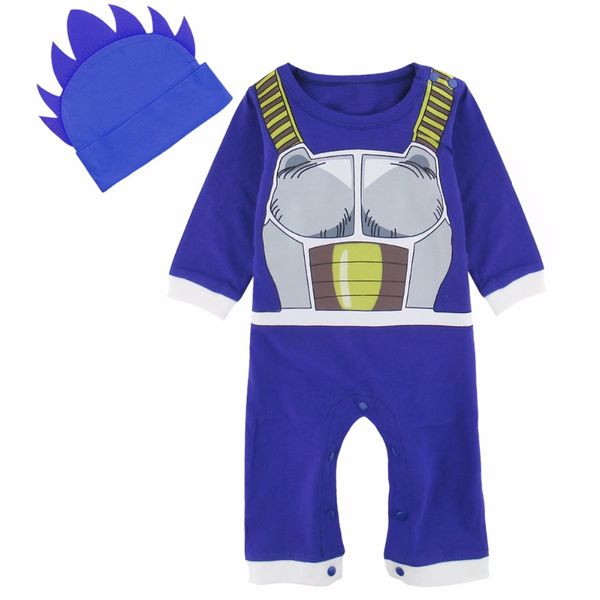

2pcs baby boy dragon ball costume romper party vegeta long sleeves with hat super saiyan 0-24 months, Blue