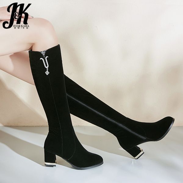 

jk crystal boots women high heels meatl boot ladies knee high shoes female round toe shoes female zip winter 2020 new, Black