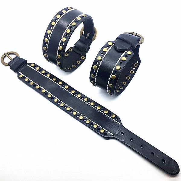

wholesale 10pcs/lot men's bracelets black genuine leather handmade studded bracelet punk style fashion jewelry, Golden;silver