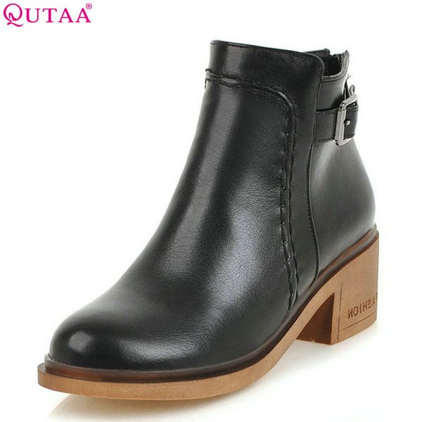 

qutaa 2019 women ankle boots platform zipper all match pu leather round toe square high heel winter women boots size 34-43, Black