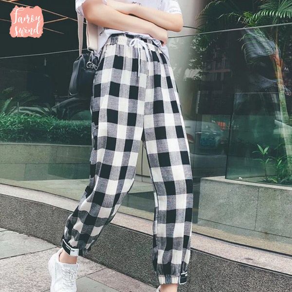 

белый черный plaid брюки sweatpants женщины side брюки повседневный хлопка удобные эластичные штаны joggers нашивки h9, Black;white