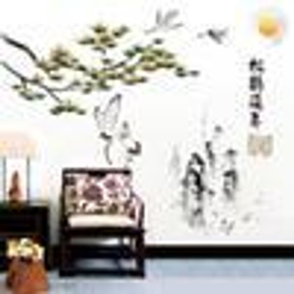 

fundecor] chinese painting pine tree crane bird mountain diy wall stickers home decor living room art wall decals retro mural d19010902