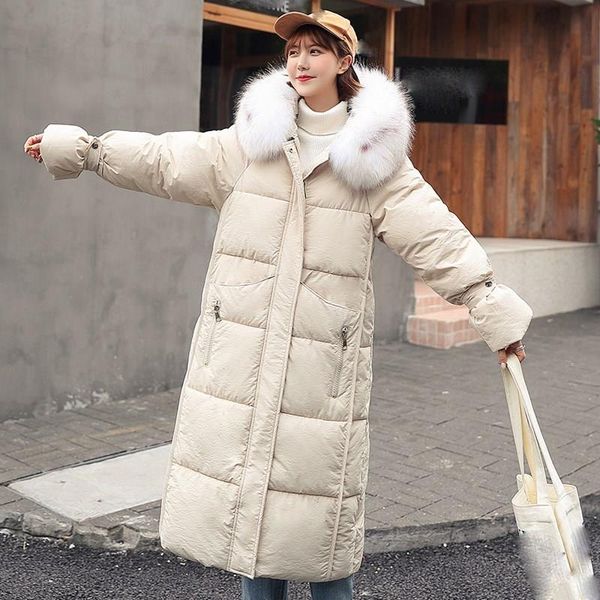 

women winter cotton padded jackets pockets thicken down cotton coats warm long flare sleeve hooded fur collar parkas, Black