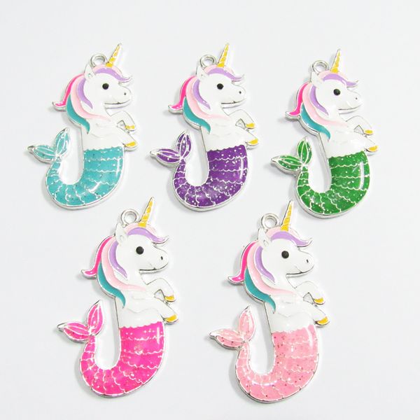 

50mm*32mm 10pcs/lot all enamel unicorn with glitter mermaid tail pendant for chunky kids necklace, Silver