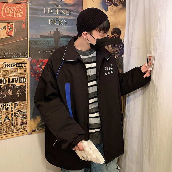 

winter new jacket men's warm thick fashion parka men cross-color casual coat man streetwear wild loose cotton jacket male, Black