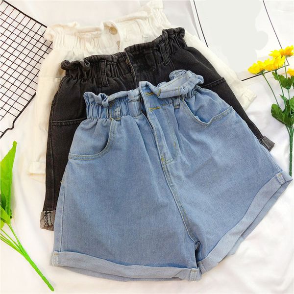 

women high-waisted shorts loose casual ruffles denim short jeans women summer wide leg light blue elastic waist denim shorts, White;black