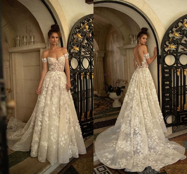 

2019 кружевные свадебные платья berta ivory с открытыми плечами с коротким рукавом с длинным шлейфом сексуальный низ спины 3d цветочные аппл, White