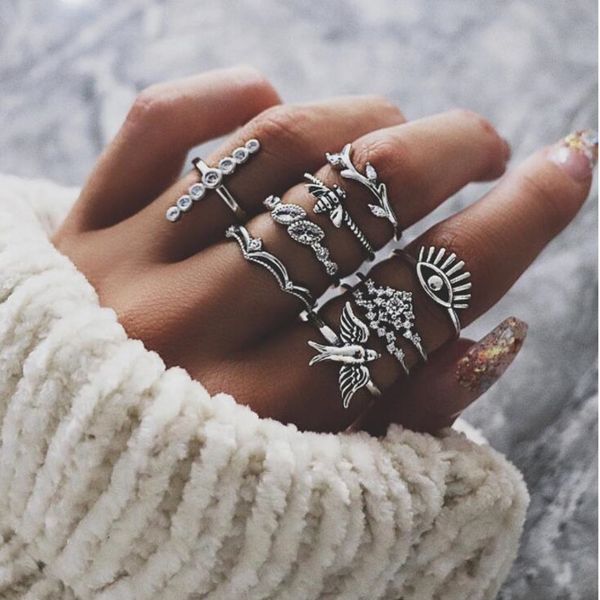 

vintage bird bee knuckle rings set for women boho geometric flower crystal ring set finger jewelry vintage alloy ring, Slivery;golden