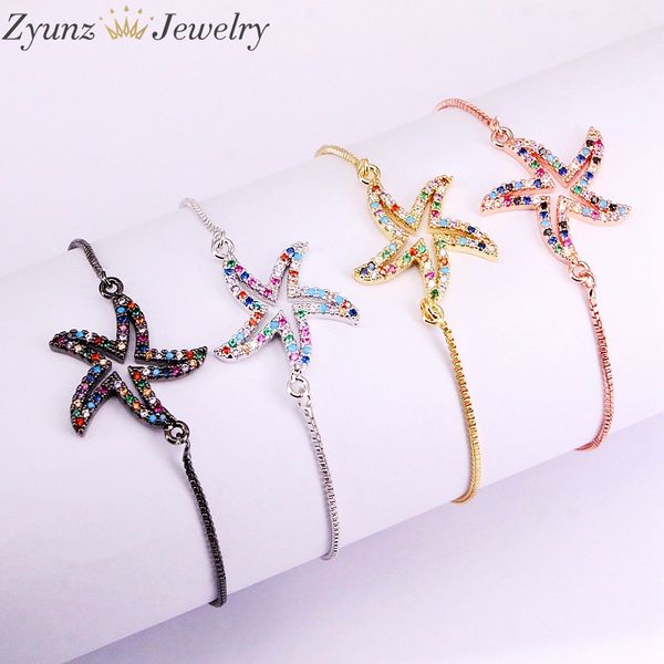 

10pcs, rainbow cz multi charm star / starfish shape bracelet, micro cubic zirconia adjustable chain for women jewelry, Black