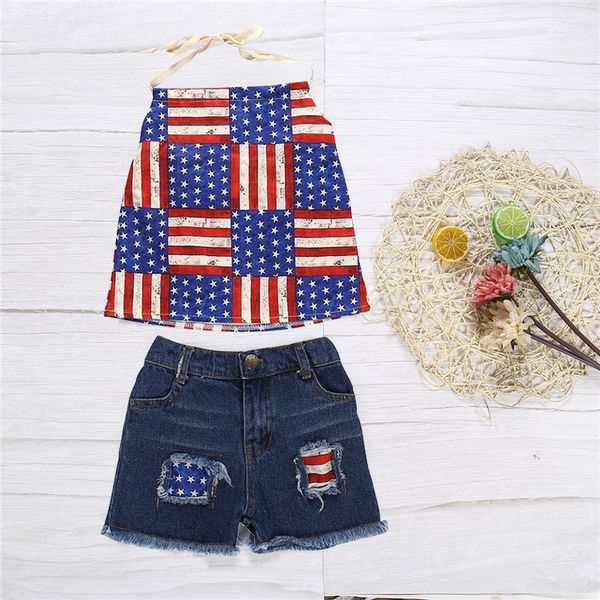 

independence day girl kids clothes set summer sling + denim shorts jean 2pcs sets kids designer clothes girls jy368, White