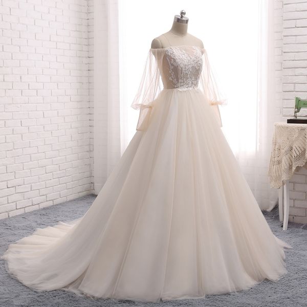 

strapless a line wedding dress with sweep train tulle champagne wedding dresses with lace up back lace applique long sleeve wedding dress, White