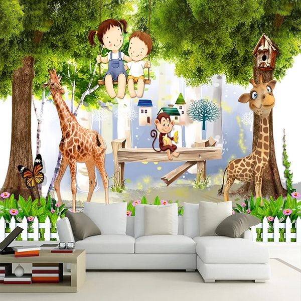 

custom large mural 3d wallpaper cartoon monkey girl swing giraffe child bedroom mural tv back wall decor deep 5d embossed