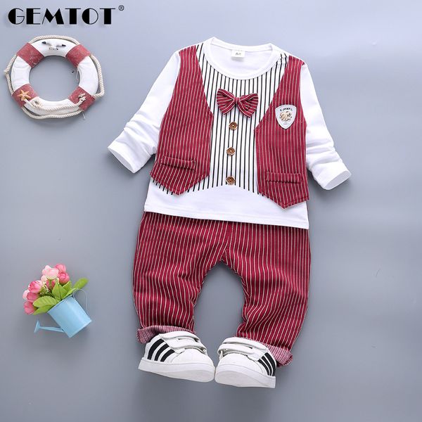 

boys gentleman set long sleeve pants 2 piece set children's wear striped bow vest fake 2 piece autumn k1, White