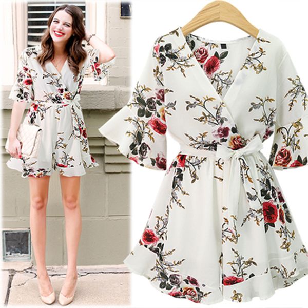 

dicloud 2018 flower chiffon jumpsuit women v-neck print beach playsuit female short overalls jumpsuit casual boho bodysuit, Black;white