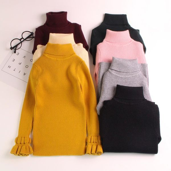 

2019 autumn and winter new style girls high collar sweater children solid color long-sleeved pullover base shirt knitted dan li, Blue