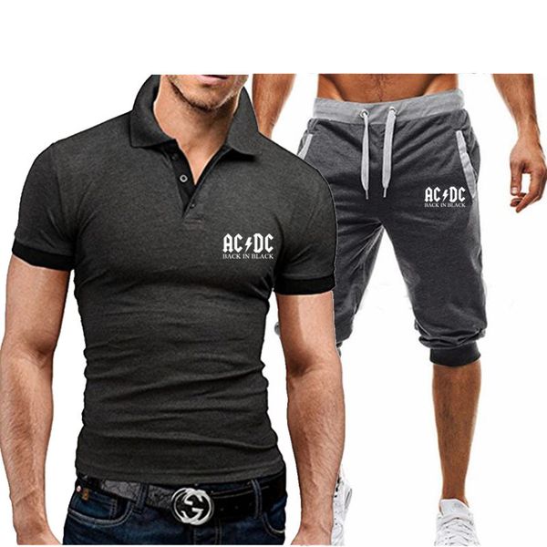 

2020 men's summer acdc suit shirt suit short sleeve slim shirt men's sports leisure two piece set, White;black